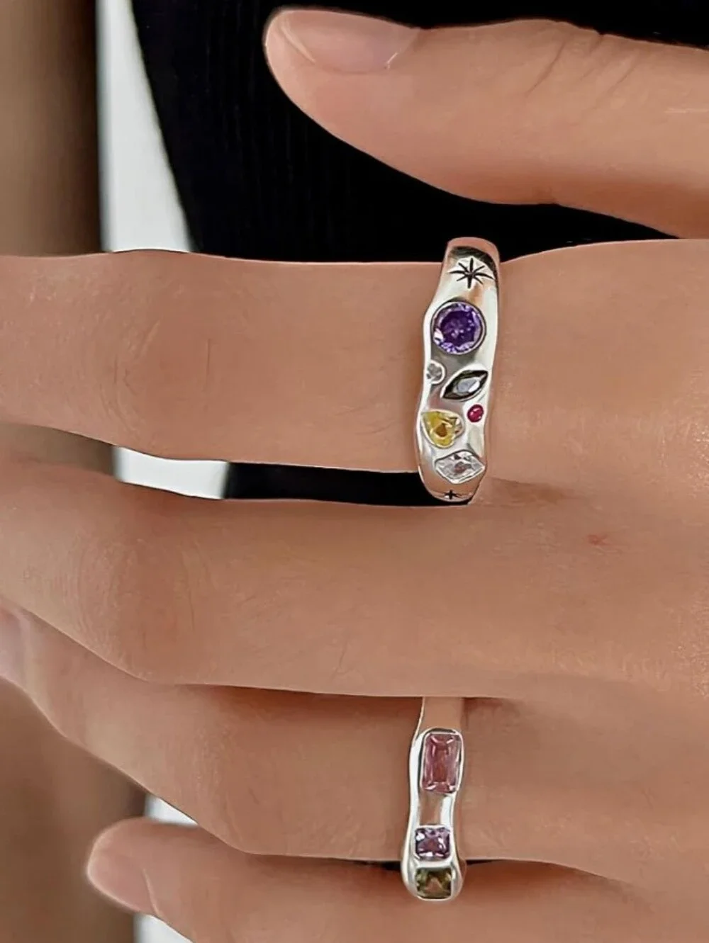 One NWT 925 Sterling Silver Multicolor CZ Chunky Dome Open Ring – Adjustable